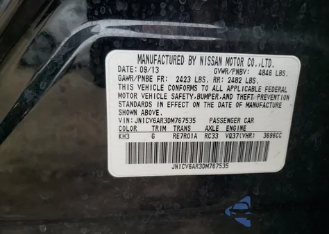 2013 Infiniti G37X z USA, uszkodzony, nr VIN JN1CV6AR3DM767535